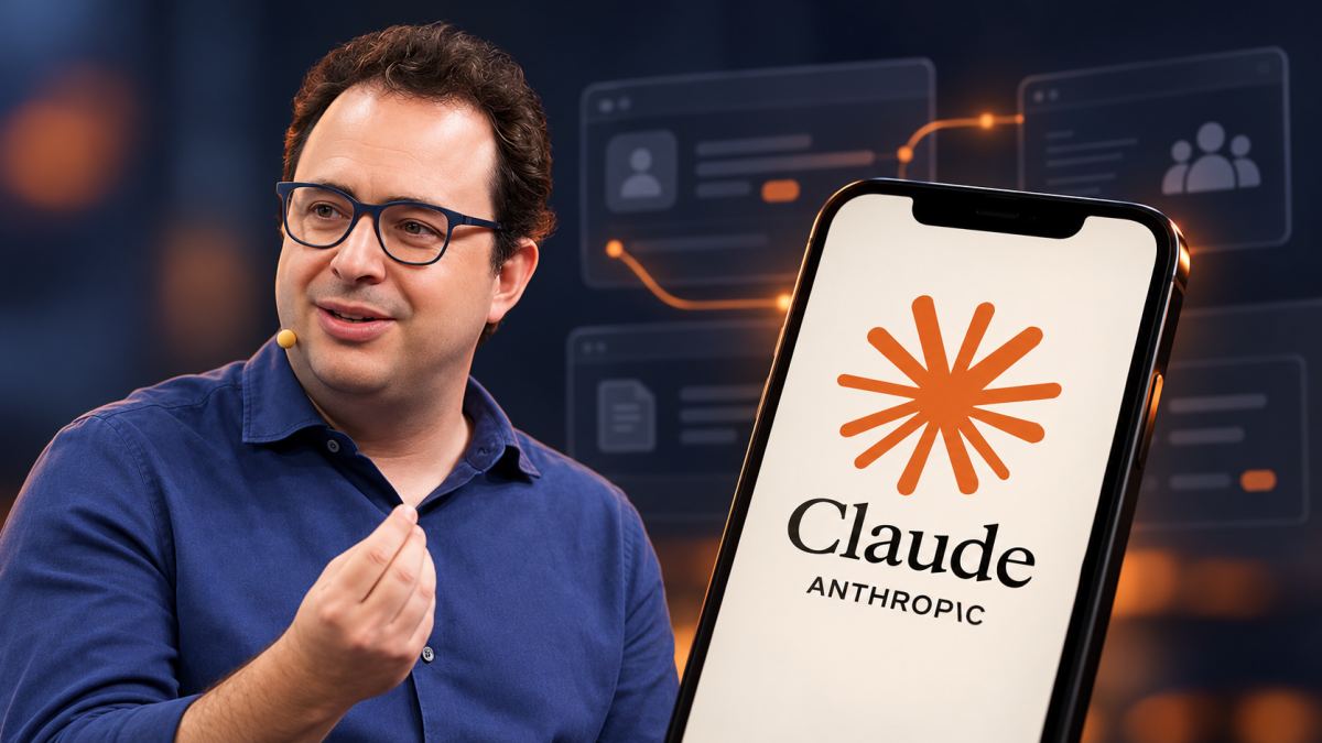 Ilustración editorial con un retrato y un teléfono que muestra Claude, de Anthropic