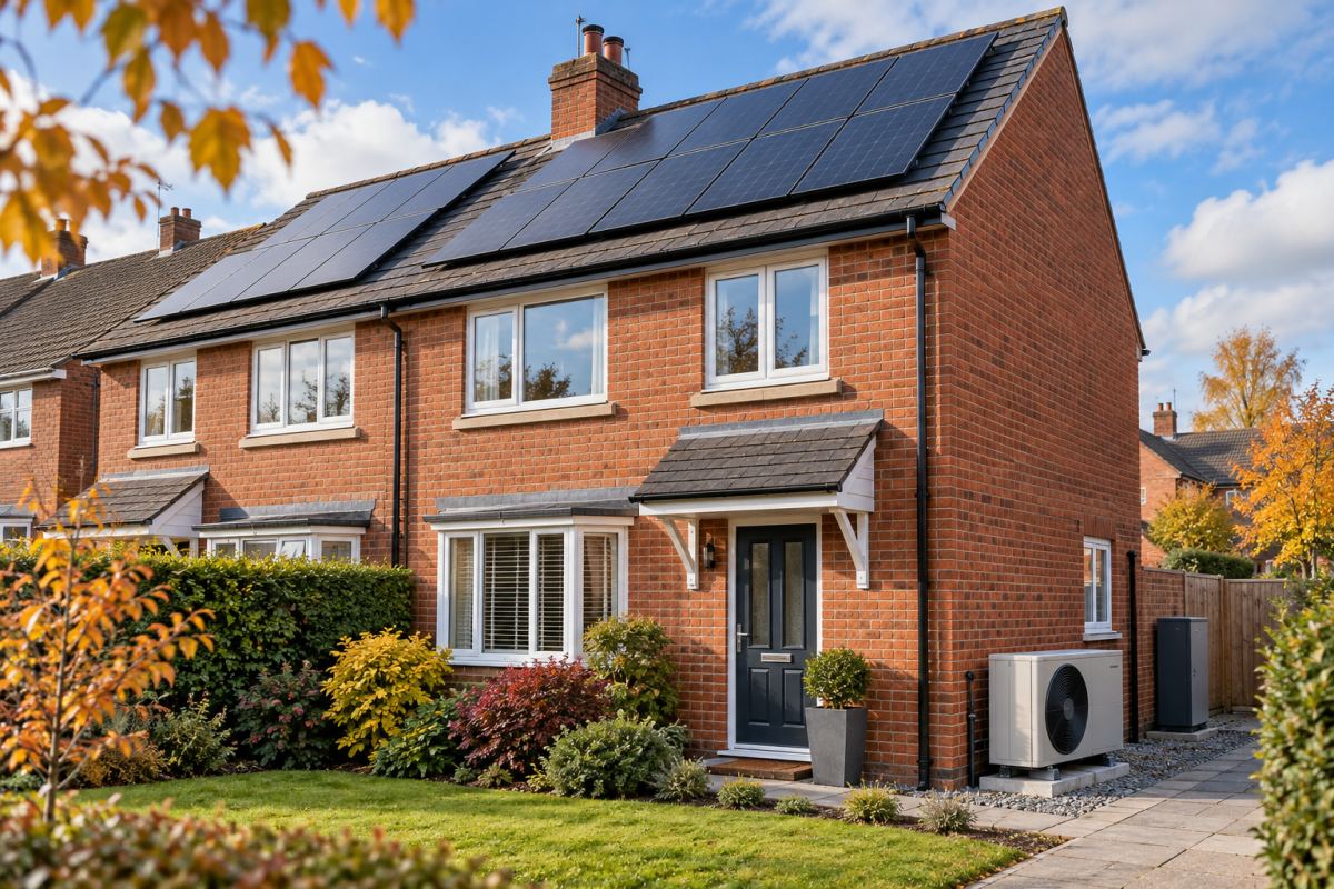 Illustration of a British house with rooftop solar panels and a heat pump.