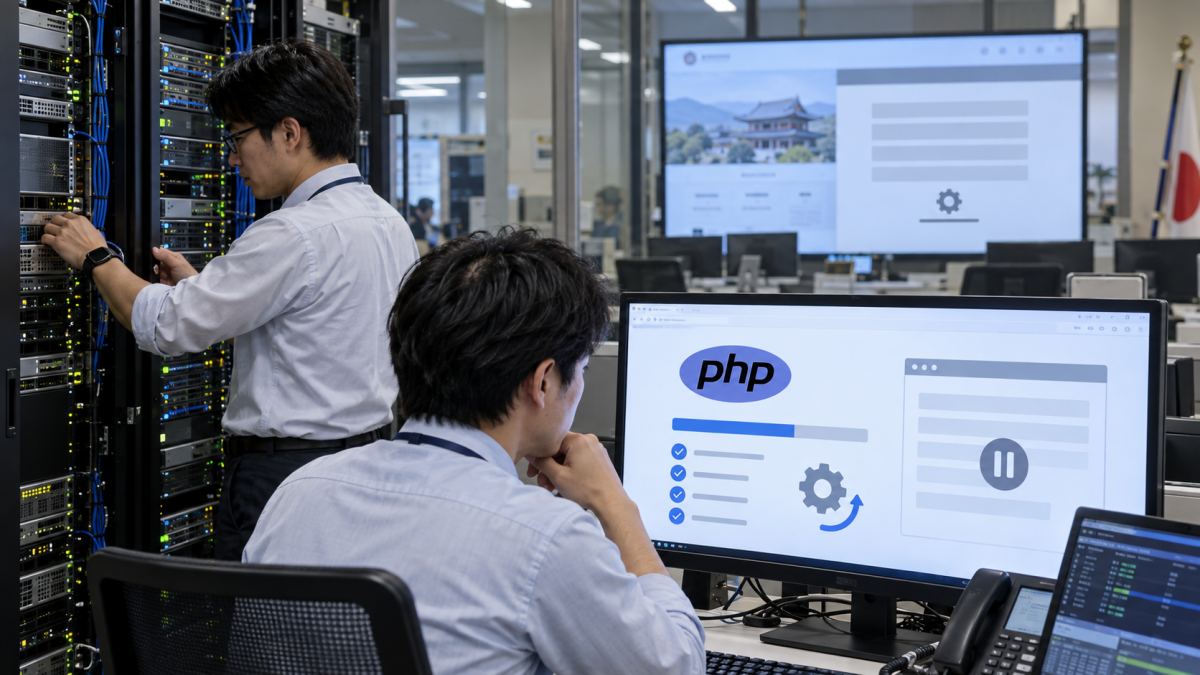 サーバー設備を点検する担当者とPHPの更新画面を描いたイメージ
