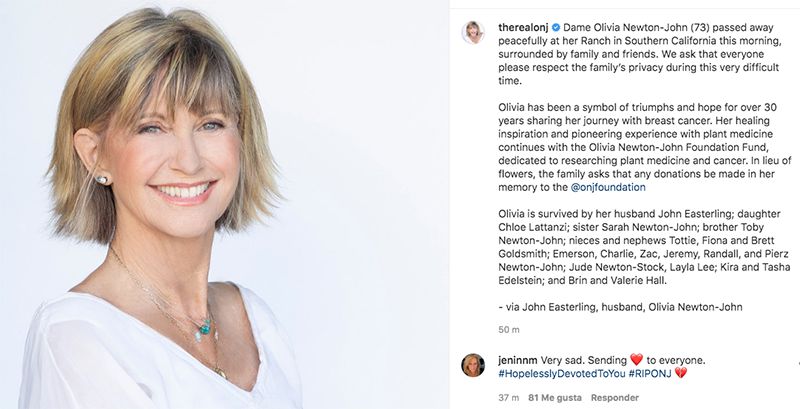 La inolvidable Olivia Newton John falleció hoy