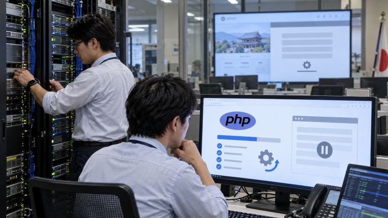 Illustration of technicians checking server racks and a PHP update screen
