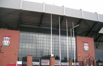 The exterior of Liverpool’s Anfield stadium seen from Walton Breck Road in 2008.