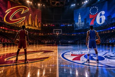 Illustration of the Cleveland Cavaliers and Philadelphia 76ers facing off on a basketball court