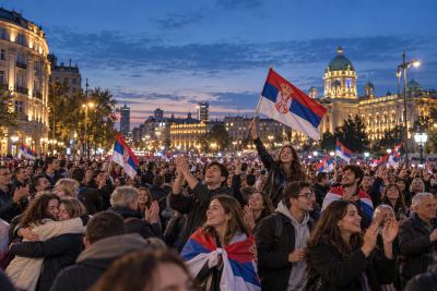 AI-generated illustration of a crowd waving Serbian flags in a city square