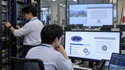 サーバー設備を点検する担当者とPHPの更新画面を描いたイメージ
