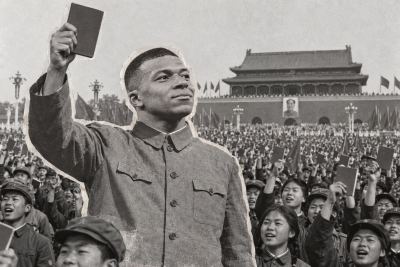 Fotomontaje generado con IA de Kylian Mbappé en una escena inspirada en la Revolución Cultural china