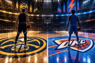 Illustration of the Denver Nuggets and Oklahoma City Thunder facing off on a basketball court