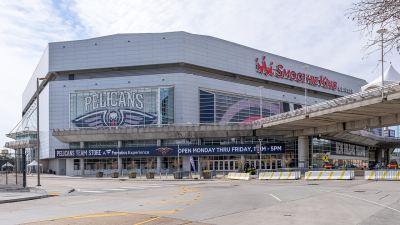 Exterior of Smoothie King Center in New Orleans with the Pelicans emblem, photographed in February 2026.