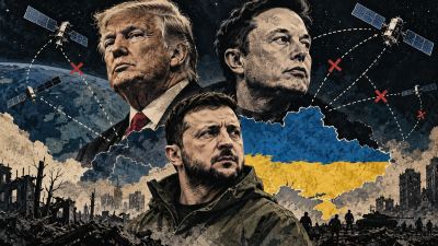 Ilustración de Trump, Musk y Zelenski con satélites, líneas de comunicación interrumpidas y un mapa de Ucrania.