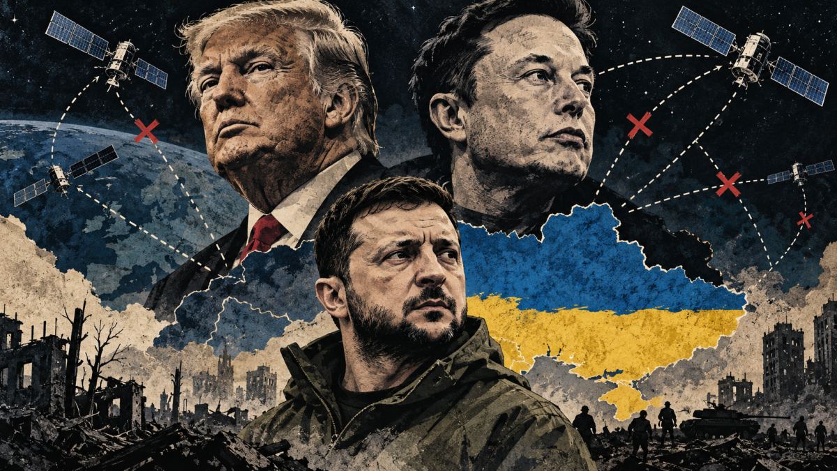 Illustration of Trump, Musk and Zelensky with satellites, interrupted communication lines and a map of Ukraine.
