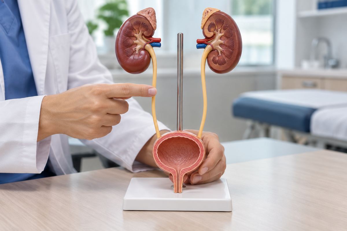 Imagen referencial de un modelo con dos riñones, dos uréteres y una vejiga, mientras una mano señala un uréter.